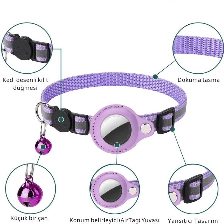 Reflektörlü Su Geçirmez AirTag Kılıfı Köpek-Kedi Tasması